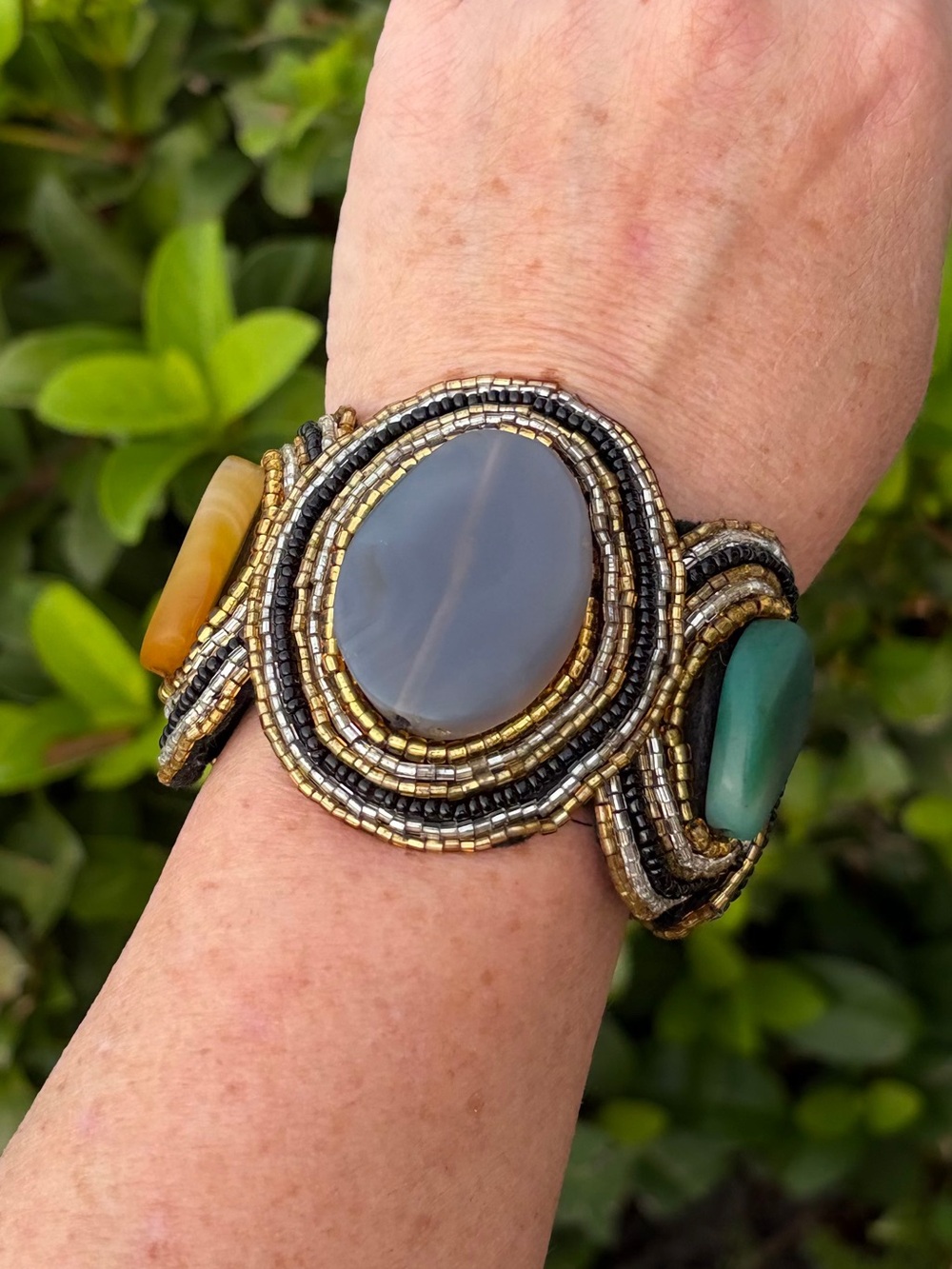 Artisan Beaded Multi-Stone Statement Cuff Bracelet | Handcrafted Mixed Cabochon